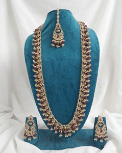 Lucentarts Jewellery Antique Gold Plated Zircon <b>Beaded</b> Long Necklace Earring <b>Set</b> MaangTikka Traditional Indian Wedding Party - Product Image 5
