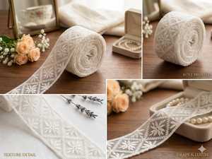 High Quality Premium White Organza Glass Nylon <b>Lace</b> Trim - Geometric Star and Diamond Lattice Embroidered Border for Dresses - Product Image 6