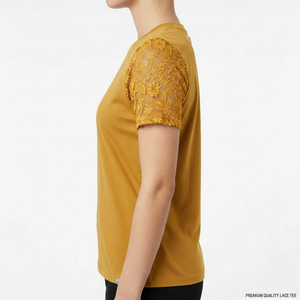 Camiseta de Cuello Redondo Color Amarillo Mostaza de Alta Calidad para Mujer, con Manga de Encaje, Top de Punto Informal de Manga Corta para Primavera/Verano - Product Image 3