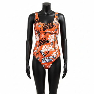 Tissu extensible en polyester et élasthanne de qualité supérieure, imprimé intégral orange vif, avec logo personnalisé par sublimation, pour maillot de bain femme. - Product Image 1