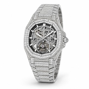 Montre de luxe pour femme en or et diamants, boîtier polygonal, cadran bleu, affichage analogique de la date, mouvement à quartz - Product Image 1
