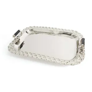 Rectangular Aluminum <b>Serving</b> <b>Tray</b> with Nickel Finish and Resin Handles 32x22 Inches Decorative Traditional Design - Product Image 2
