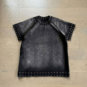 T-shirt vintage personnalisé délavé à l'acide, effet vieilli, à double col, manches courtes, imprimé numérique avec strass, ourlet brut, coupe oversize, 100% coton - Product Image 1