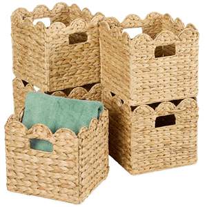 Square Woven Storage <b>Bin</b> Natural Water Hyacinth Scalloped Shelf Basket with Handles - Product Image 1