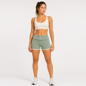 Shorts Deportivos de Lona para Mujer, Cintura Baja, Color Verde Sólido, Transpirables, Ecológicos, con Cierre de Cordón y Detalle de Botón de Perla, en Spandex/Algodón - Product Image 6