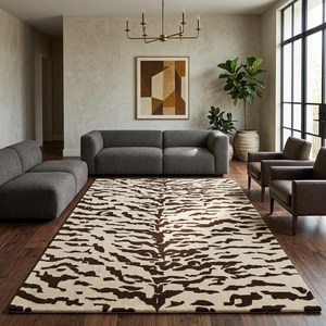 Tapis en laine tufté à la main motif rayures de tigre marron foncé ivoire, avec envers en latex antidérapant et lavable, idéal pour la décoration moderne des salons et chambres. - Product Image 2