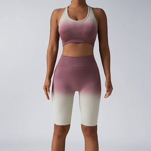 Conjunto de Yoga con Degradado de Color, Top Corto Deportivo y Pantalones Cortos de Cintura Alta, 2 Piezas, Sin Costuras, Spandex, Poliéster, Elástico en 4 Direcciones - Product Image 3