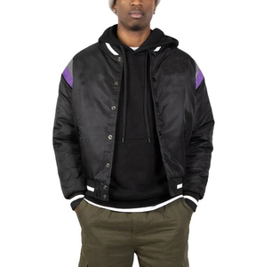 Veste universitaire noire en satin pour homme avec empiècements violet et gris, coupe classique, col rabattu, fermeture simple boutonnage - Product Image 3