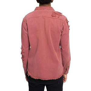 <b>Men's</b> Pink Denim Shirt <b>Jacket</b> with Frayed Edges Stand Collar Solid Windproof Casual Style Washed Cotton <b>Long</b> Sleeve Winter Wear - Product Image 3