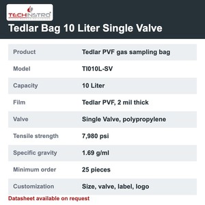Sac d'échantillonnage de gaz TECHINSTRO Tedlar 10 litres avec valve unique en film PVF, étanche pour l'échantillonnage d'air, de COV et de gaz du sol - Product Image 6