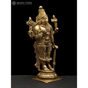 Estatua de latón hecha a mano de 7 pulgadas de Lord Vishnu de cuatro brazos, escultura hecha en India de Lord Vishnu de cuatro brazos - Product Image 4