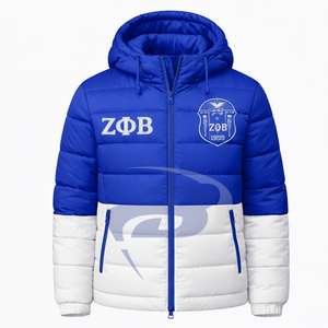 Chaqueta Acolchada de Invierno con Capucha Azul y Blanca de la Hermandad Zeta Phi Beta ZPB, con Logotipo Frontal Personalizado de la Hermandad Griega ZPB - Product Image 1