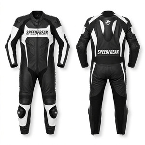 SPEEDFREAK Men's One-Piece Motorcycle Leather Suit Full Sleeve <b>Waterproof</b> Racing Wear Black White - Product Image 1