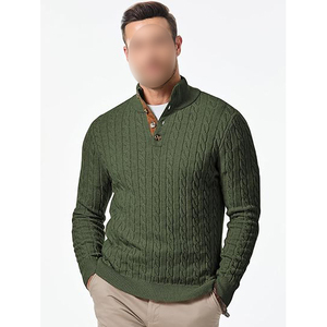 Olive Green Cotton Mens Thick <b>Cable</b> <b>Knit</b> <b>Sweater</b> with Front Logo Button Stand Collar Elbow Patch Warm Winter - Product Image 2