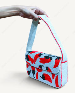 Bolso de Hombro Artesanal con Cuentas de Chiles Rojos sobre Fondo Azul, Bolso de Noche Novedoso para Mujer, Venta al por Mayor, OEM, Marca Privada - Product Image 3
