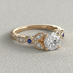 Anillo de Compromiso con Diamante Cultivado en Laboratorio Stonewels, Corte Central con Diamantes Florales Laterales, Oro Rosa de 14K, Anillo Nupcial de Lujo Certificado - Product Image 5