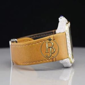 Montre-bracelet de luxe à quartz avec cadran carré serti de diamants, bracelet en caoutchouc brun, chiffres romains, lunette incrustée de pierres précieuses, élégant bijou-montre - Product Image 4