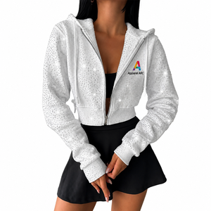 Sweat à capuche court zippé pour femme en polyester de qualité, couleur unie délavée à l'acide, avec sequins et strass sur toute la surface, personnalisable, vente en gros - Product Image 1