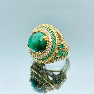 Malachite Ring And Earrings Set 925 Sterling Silver 14K Gold Plated Turkish Handmade Green Gemstone Jewelry Gift For Women - Product Image 3