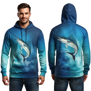 เสื้อฮู้ดดี้ตกปลา Ocean Drift Sailfish UPF 50 Plus Size ระบายอากาศได้ดี ป้องกันแบคทีเรีย/รังสียูวี แห้งเร็ว สีฟ้าอมเขียว พิมพ์ลายแบบ Sublimation - Product Image 1