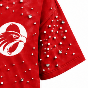 T-shirt unisexe rouge vif orné de perles, tendance, à manches courtes, col rond, avec perles décoratives, pour un style décontracté. - Product Image 5