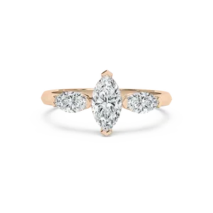 Anillo de compromiso con tres diamantes marquise de 1.50 quilates y diamantes laterales ovalados en oro rosa, oro blanco, oro amarillo, elegante. - Product Image 1