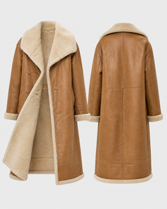 Women Genuine Shearling Long Leather <b>Coat</b> Winter <b>Fur</b> <b>Lined</b> Warm Double Breasted Shawl Collar Outerwear - Product Image 4