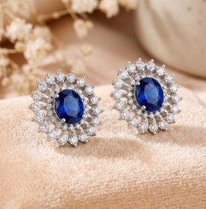 S925 Sterling Silver <b>Blue</b> Sapphire <b>Stud</b> <b>Earrings</b> Halo Oval Ear <b>Studs</b> for Women Wedding Party Jewelry - Product Image 3