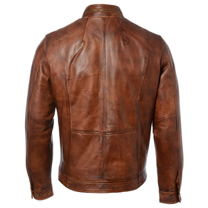 Men's Brown Stand Collar Zipper Closure Solid Color Regular Fit Cotton Lining Genuine <b>Leather</b> Moto <b>Jacket</b> Available For Sale - Product Image 4