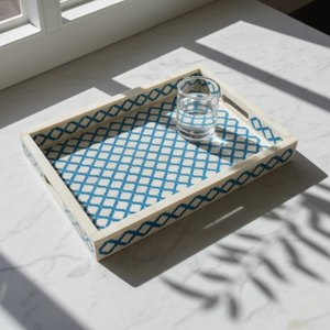Bandeja de servir con incrustaciones de hueso, diseño geométrico, azul cielo, artículo decorativo con incrustaciones de hueso, precio superior - Product Image 1