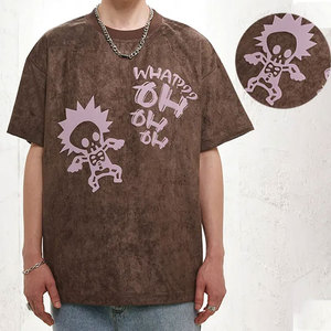 เสื้อยืดโอเวอร์ไซส์สีน้ำตาลลายกรดสำหรับผู้ชาย พิมพ์ลายโครงกระดูกการ์ตูน สไตล์สตรีท แขนสั้น คอกลม ผ้าฝ้าย - Product Image 1