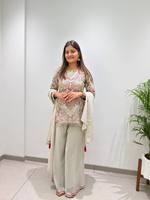 Ensemble haut et pantalon palazzo en georgette blanc cassé pour femme, broderie à sequins, avec dupatta, entièrement cousu, tenue ethnique pour fêtes et mariages