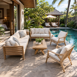 Tropical <b>Outdoor</b> Garden <b>Sofa</b> Set Wooden Frame White <b>Cushions</b> Waterproof Villa Furniture - Product Image 1