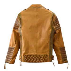 Men's Tan Genuine Leather Motorcycle Jacket Turn-down Collar Zipper Closure Moto Style Autumn Wear - Product Image 1