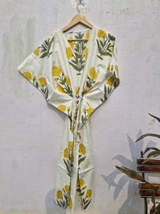 Women's Floral Print 100% Cotton Maxi <b>Kaftan</b> Dress V Neck Batwing Sleeves Drawstring Eco-Friendly Handmade Breathable <b>Beach</b> - Product Image 2