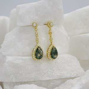 Boucles d'oreilles en agate mousse, forme poire, argent sterling 925, plaqué or 14 carats, bijoux en pierres précieuses pour femmes - Product Image 5