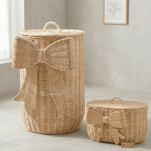 Whimsical Hand-Woven Eco-Friendly Rattan Bow Basket Set Multifunctional Decorative Nursery <b>Storage</b> Bin Lid Wicker Laundry <b>Hamper</b> - Product Image 4