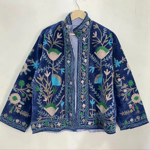 Floral Suzani <b>Velvet</b> Embroidered Boho Jacket <b>Women</b> Navy Blue Ethnic Short <b>Coat</b> Winter Autumn Wear - Product Image 1