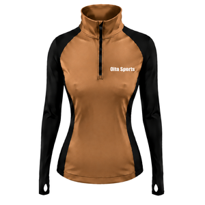 Camiseta Deportiva de Manga Larga con Cierre de Cremallera, Color Camel, Marrón y Negro, para Mujer, con Orificios para los Pulgares, Corte Ajustado, para Correr, Gimnasio, Fitness y Deportes - Product Image 1