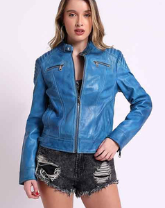 Premium Quality Blue Genuine <b>Leather</b> Motorcycle <b>Jacket</b> Women Stand Collar Zipper Biker <b>Jacket</b> <b>Cheap</b> Price Low MOQ - Product Image 1