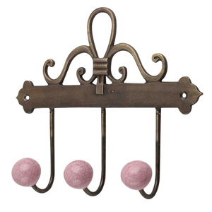 Crochets muraux décoratifs 3 branches en métal style shabby chic, avec extrémités en céramique rose craquelée, très demandés - Product Image 1