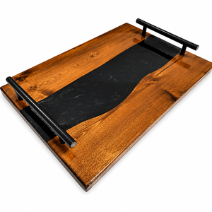 Plateau de service en résine et bois personnalisé, plat décoratif fait main avec poignée en verre irrégulière, idéal pour la maison ou comme cadeau - Product Image 2