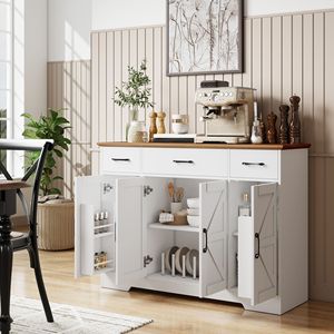 Buffet de style farmhouse avec charnières à fermeture douce, 3 tiroirs, étagères réglables et étagères à épices, blanc - Product Image 2