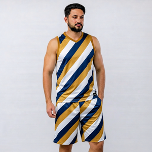 Conjunto de Camiseta sin Mangas y Pantalones Cortos a Rayas Blancas y Doradas para Hombre, Cuello en V, Secado Rápido, Tejido de Poliéster, Estilo Deportivo, para Verano - Product Image 1