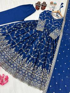 New Designer Women's Solid Heavy Chinon Silk Gown Pant & Dupatta Set with Embroidery 5mm Sequence Work Sleeve Mirror Work - Product Image 5