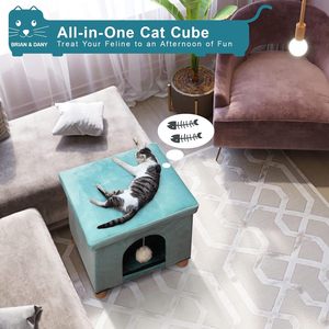 WALEED FURNITURE Foldable Cat House, Cat Cave, Cat Cube with Scratch Board & Ball, 12.5" x 14.5” x 14.1”, Green - Product Image 5