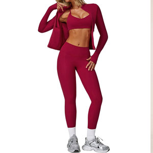 Burgundy Two Piece Yoga Set High Waist Leggings Spaghetti Strap <b>Crop</b> <b>Top</b> Seamless Full Length Activewear - Product Image 1