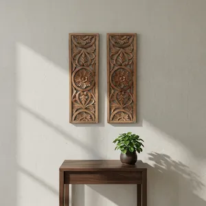 Ensemble de 2 panneaux muraux en bois sculptés à la main, art mural encadré brun, sculptures murales décoratives en bois pour salon, chambre, bureau à domicile - Product Image 5