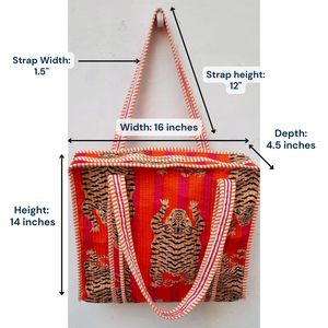 Sac fourre-tout en toile imprimé à la main motif tigre avec bordure rayée, style bohème, ouverture supérieure, pour le shopping, les voyages, toutes saisons - Product Image 3