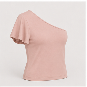 T-shirt rose poudré asymétrique à manches volantées coupe ajustée pour femme WTS-0140 - Product Image 3